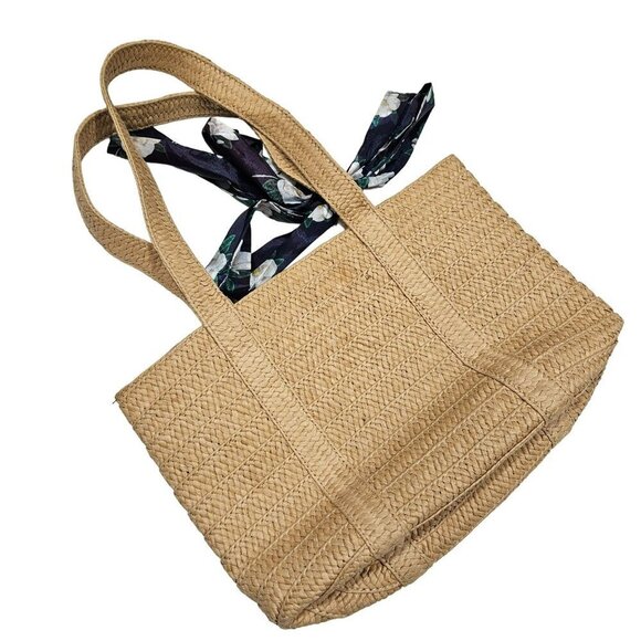 Draper James Woven Straw Tote Bag With Navy Floral Scarf Accent Interior Pockets - Picture 3 of 9